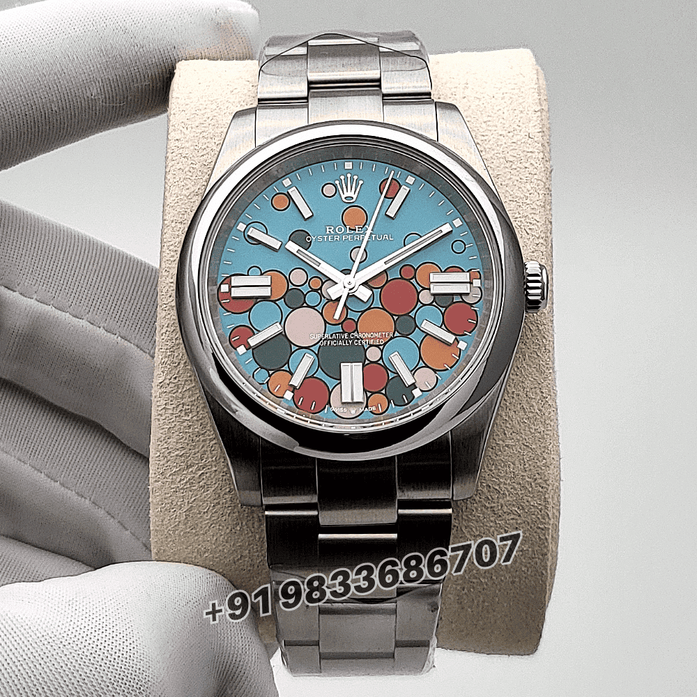 Rolex Oyster Perpetual Turquoise Blue Celebration Motif Dial 41mm Exact 1:1 Top Quality Replica Super Clone Swiss ETA 3230 Automatic Movement Watch